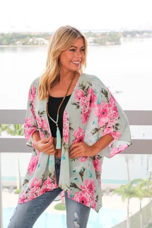 Mint and Pink Floral Kimono