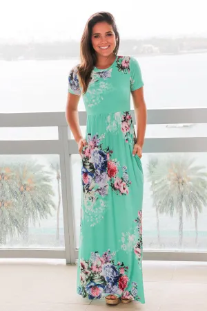 Mint and Pink Floral Maxi Dress with Short Sleeves