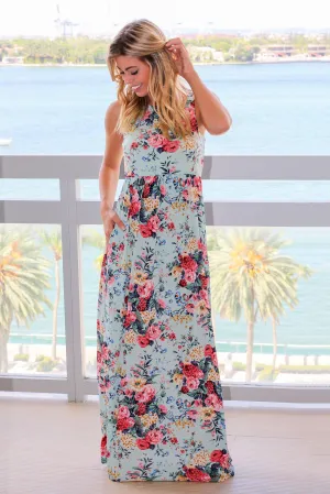 Mint and Rose Floral Racerback Maxi Dress