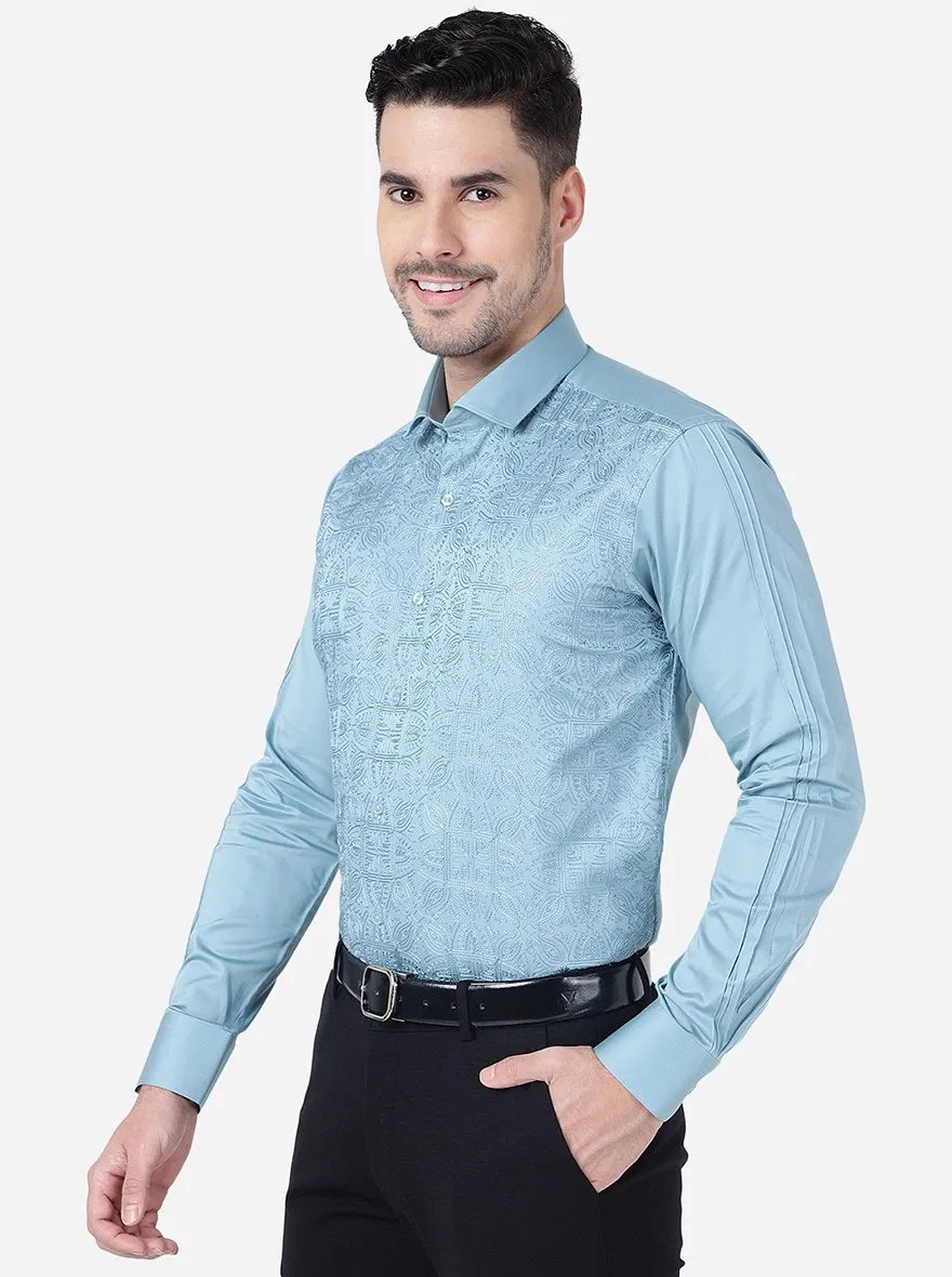 Mint Blue Printed Slim Fit Party Wear Shirt | JB Studio