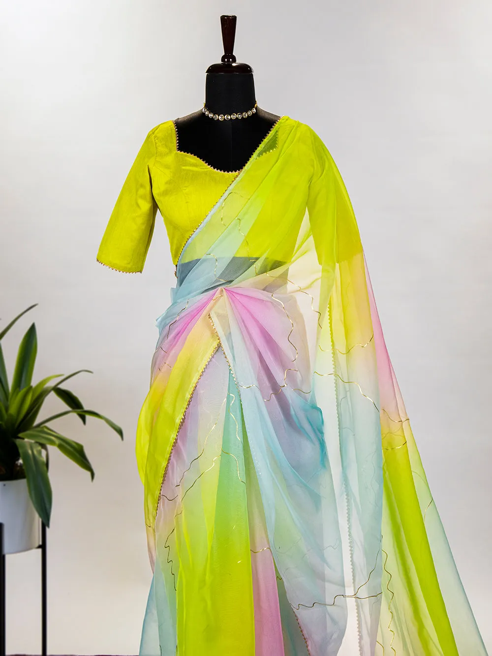 Mint Color Floral & Foil Printed Organza Saree