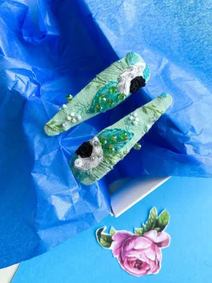 Mint embroidered hair clip set