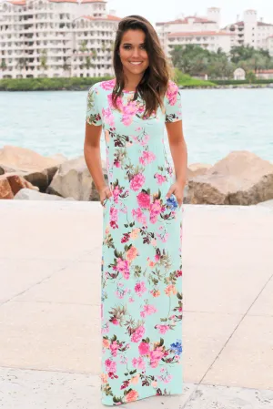 Mint Floral Maxi Dress with Short Sleeves