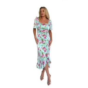 Mint Green & Pink Floral Satin Ruched Midi Dress With Sweetheart Neckline