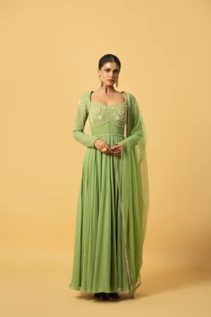 Mint Green Anarkali With Hand Embroidery In Georgette , Dupatta Is In Soft Net .