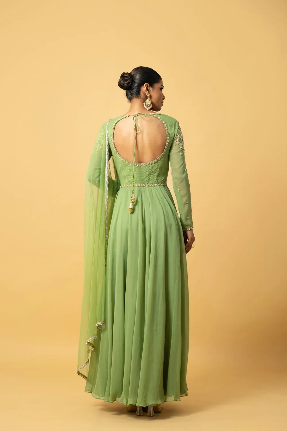 Mint Green Anarkali With Hand Embroidery In Georgette , Dupatta Is In Soft Net .