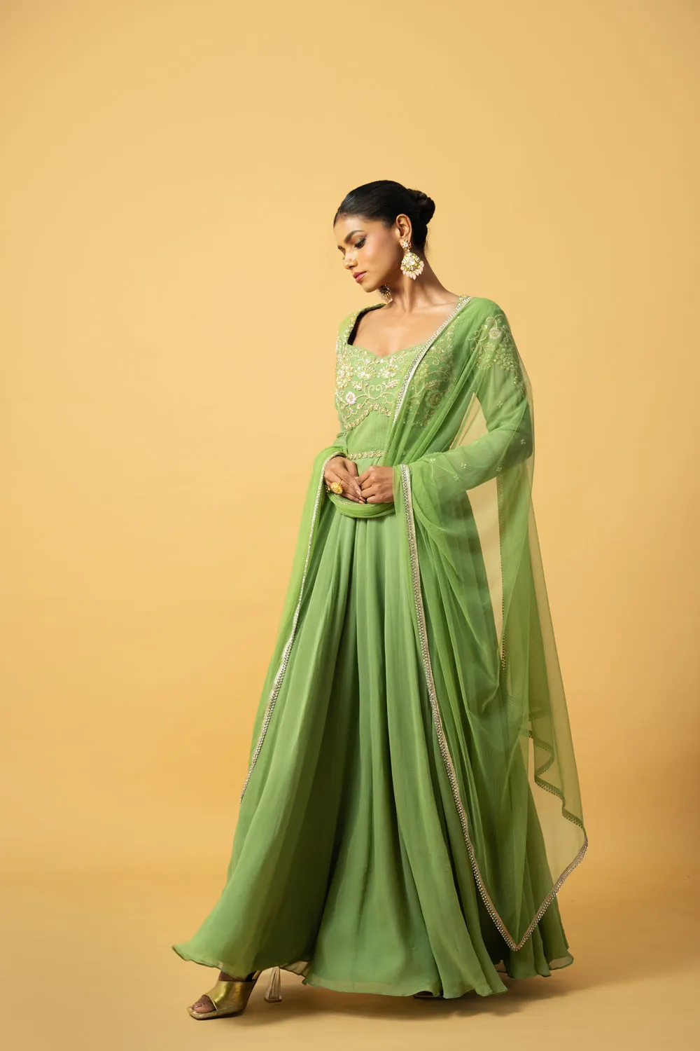 Mint Green Anarkali With Hand Embroidery In Georgette , Dupatta Is In Soft Net .