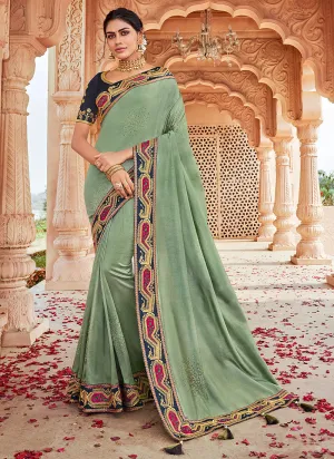 Mint Green And Blue Multi Embroidered Saree