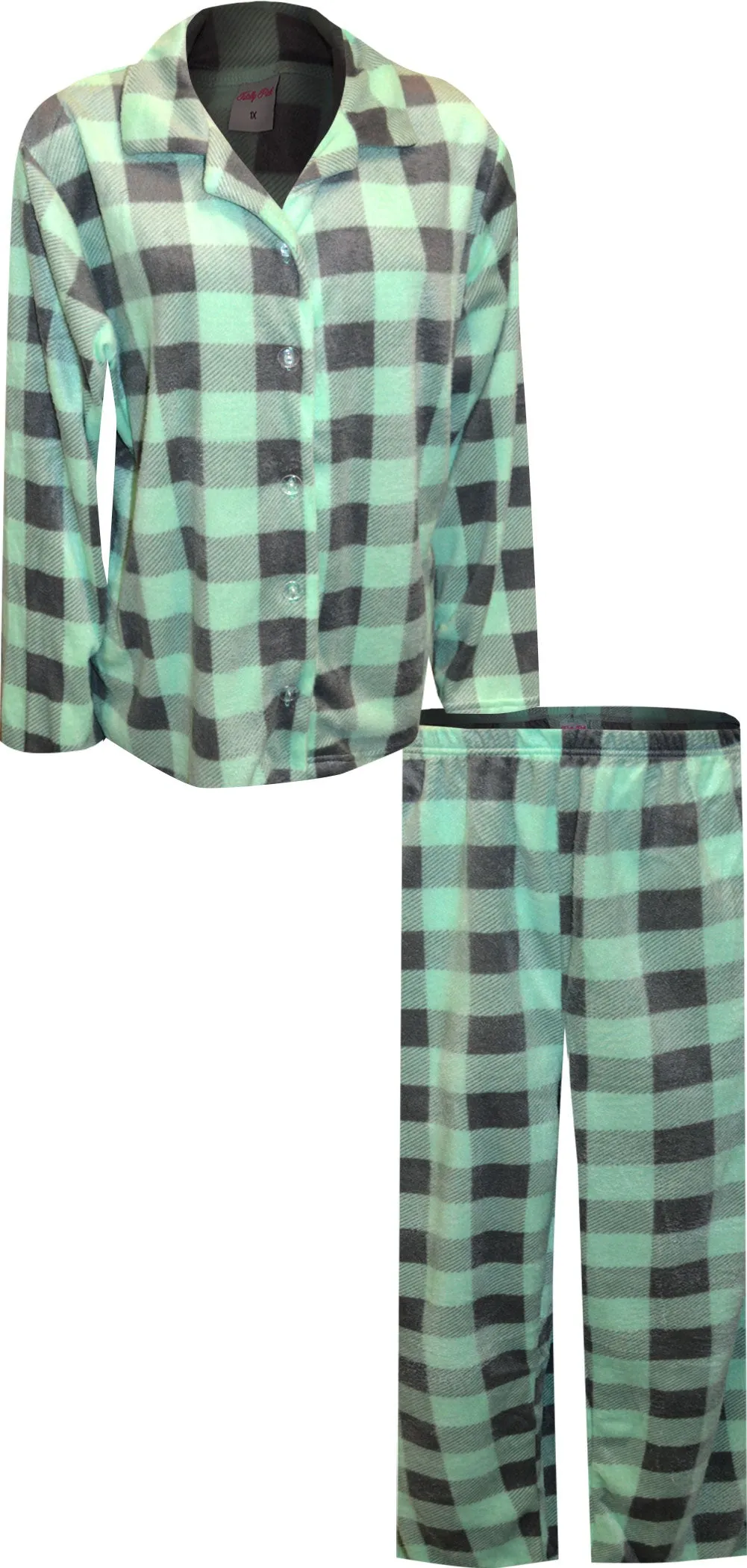 Mint Green and Gray Buffalo Plaid Plus Size Traditional Fleece Pajama