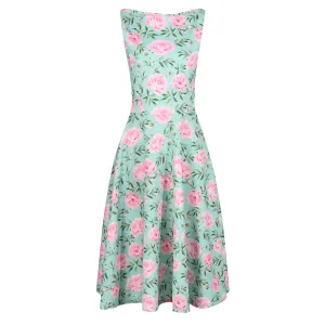 Mint Green And Pink Floral Print Audrey Style 1950s Swing Dress