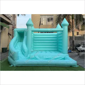 Mint Green Bouncy Castle With Slide Combo Happy Jump Inflatables Fun In The Sun Bounce House