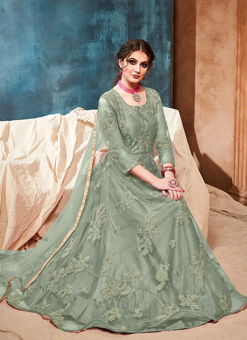 Mint Green Bunch Embroidered Casual Anarkali Suit