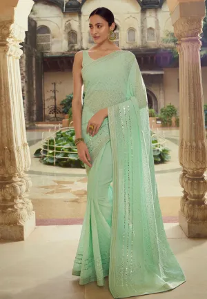 Mint Green Chikankari Embroidered Party Wear Saree