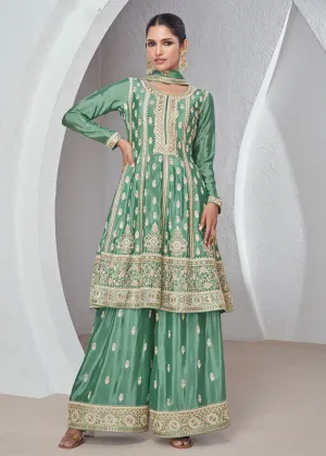 Mint Green Chinnon Silk Wedding Festive Palazzo Dress