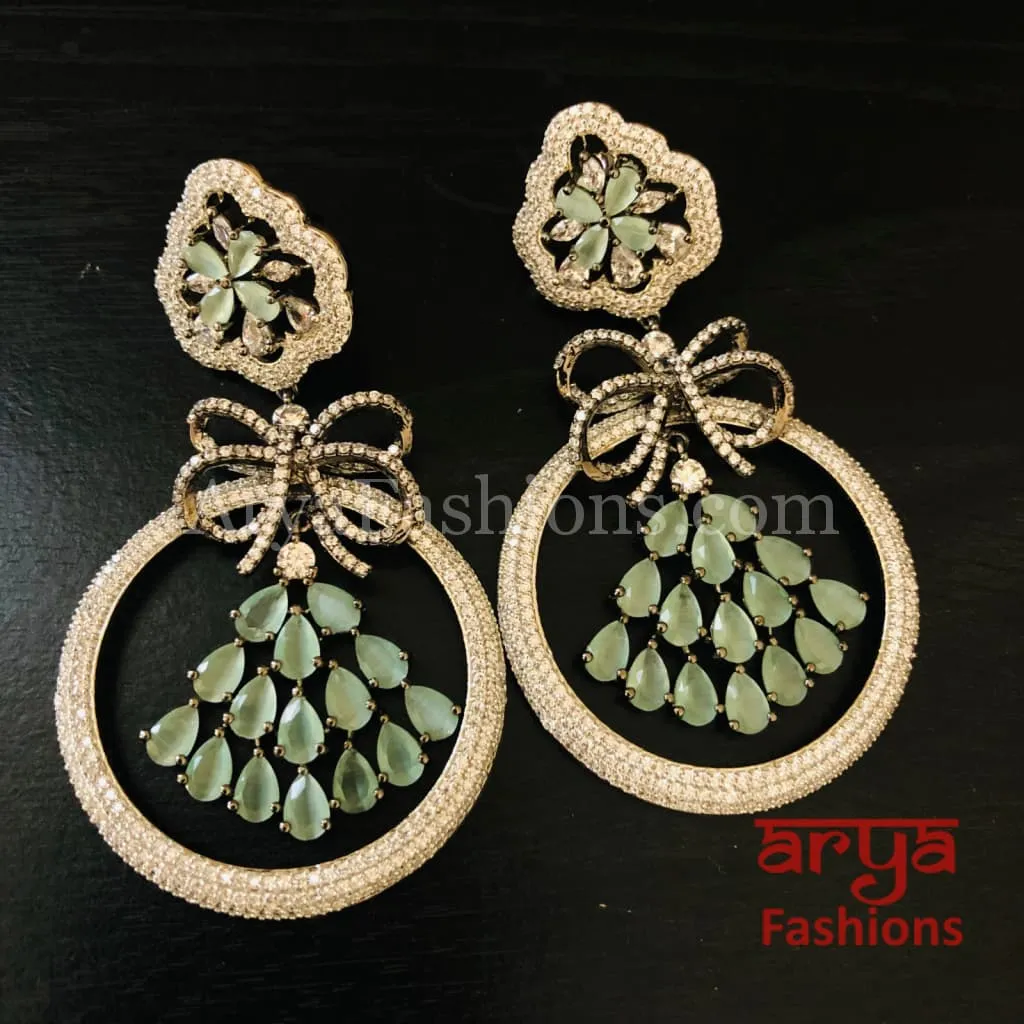 Mint Green CZ Cocktail Earrings in Victorian Finish / Silver Cubic Zirconia Earrings