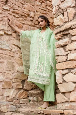 Mint Green Embroidered Kurta Set With Chanderi Dupatta