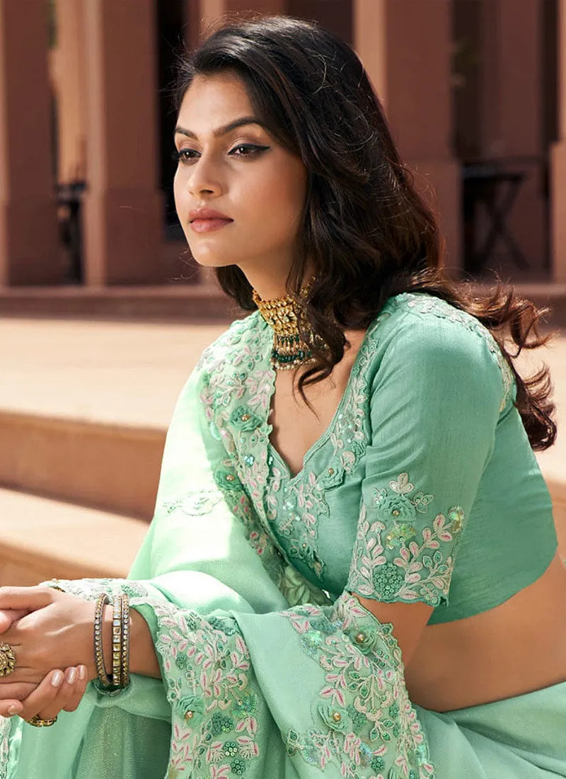 Mint Green Embroidered Party Wear Indian Silk Saree