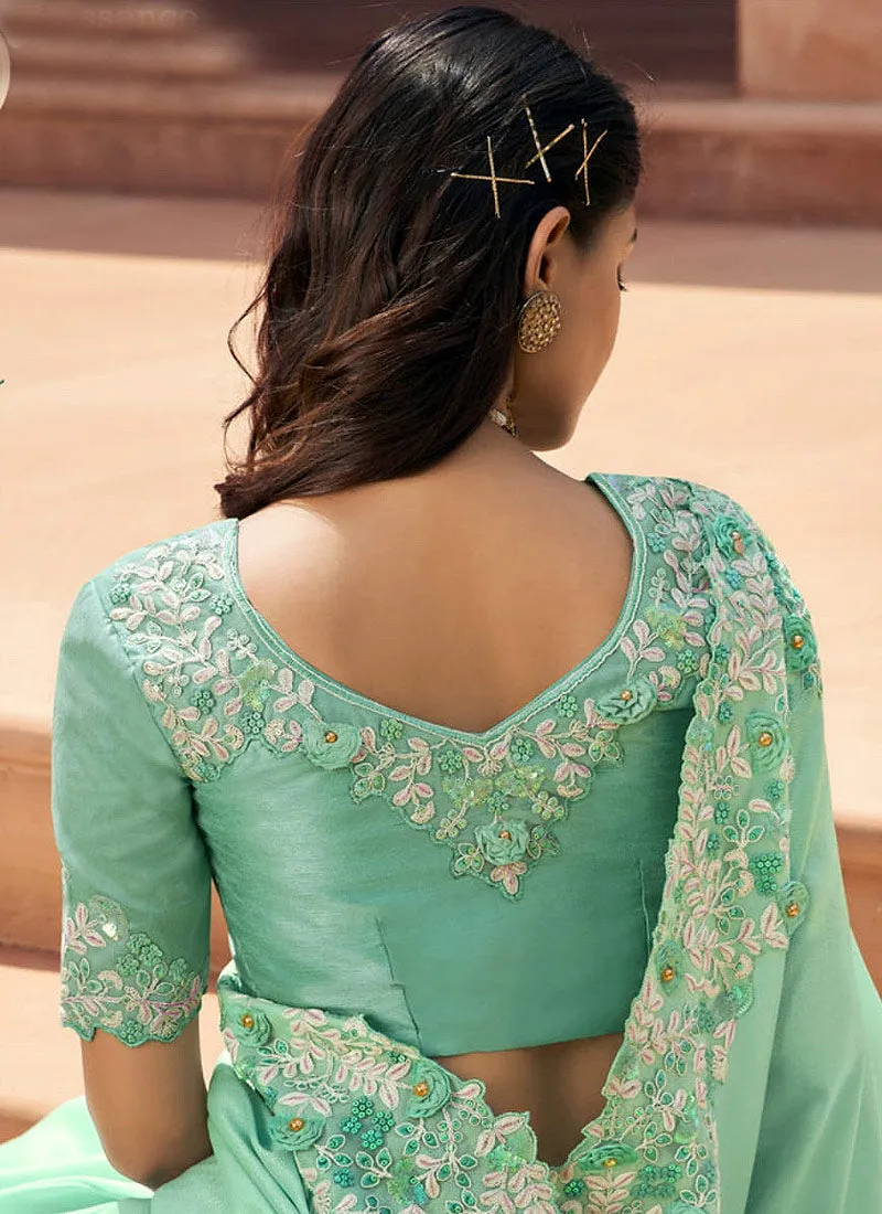 Mint Green Embroidered Party Wear Indian Silk Saree