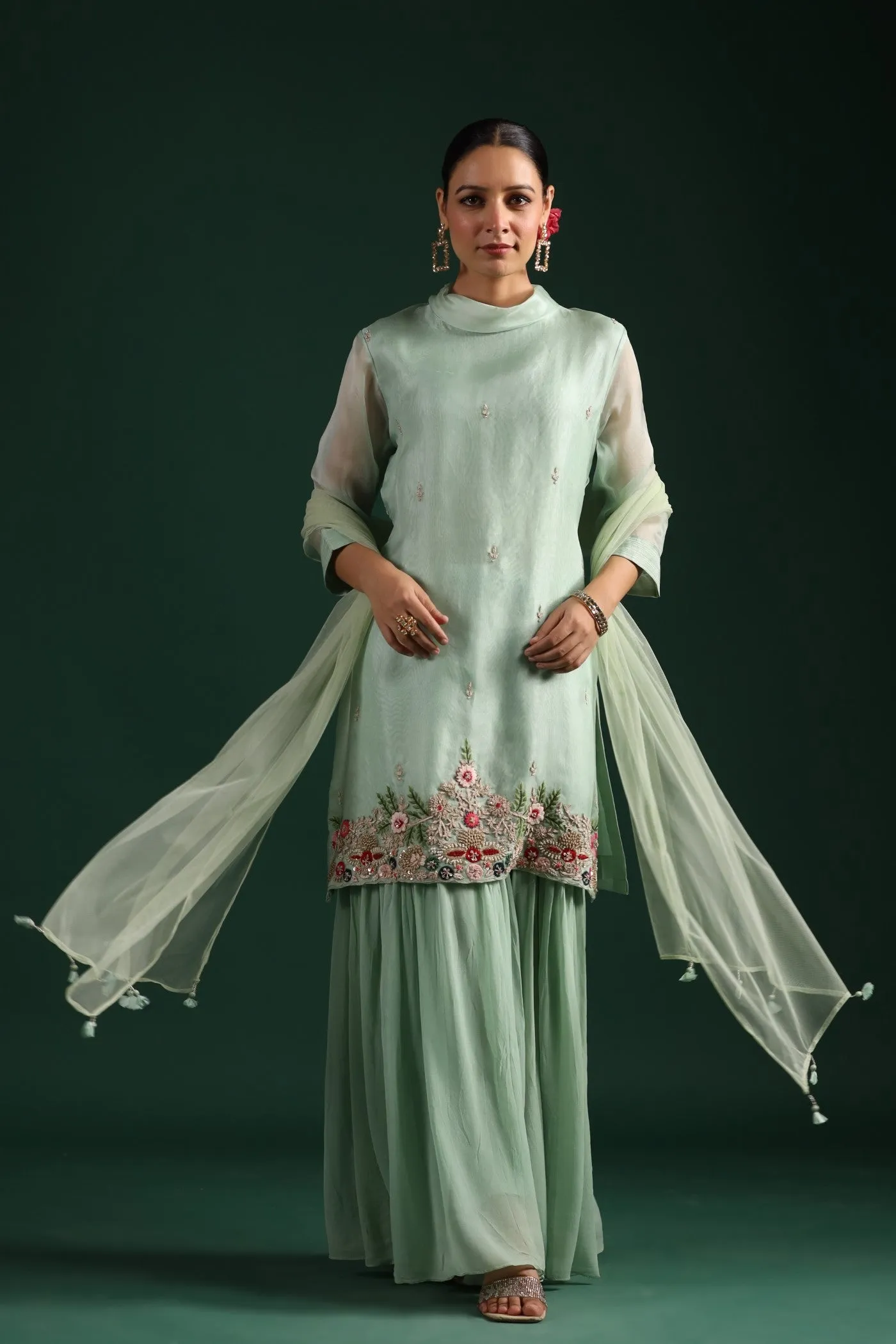 Mint Green Embroidered Sharara Set