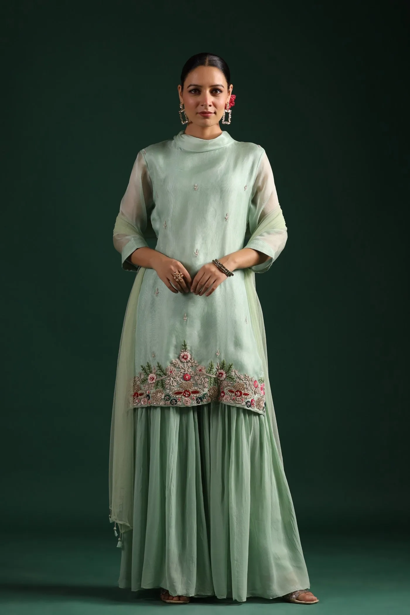 Mint Green Embroidered Sharara Set