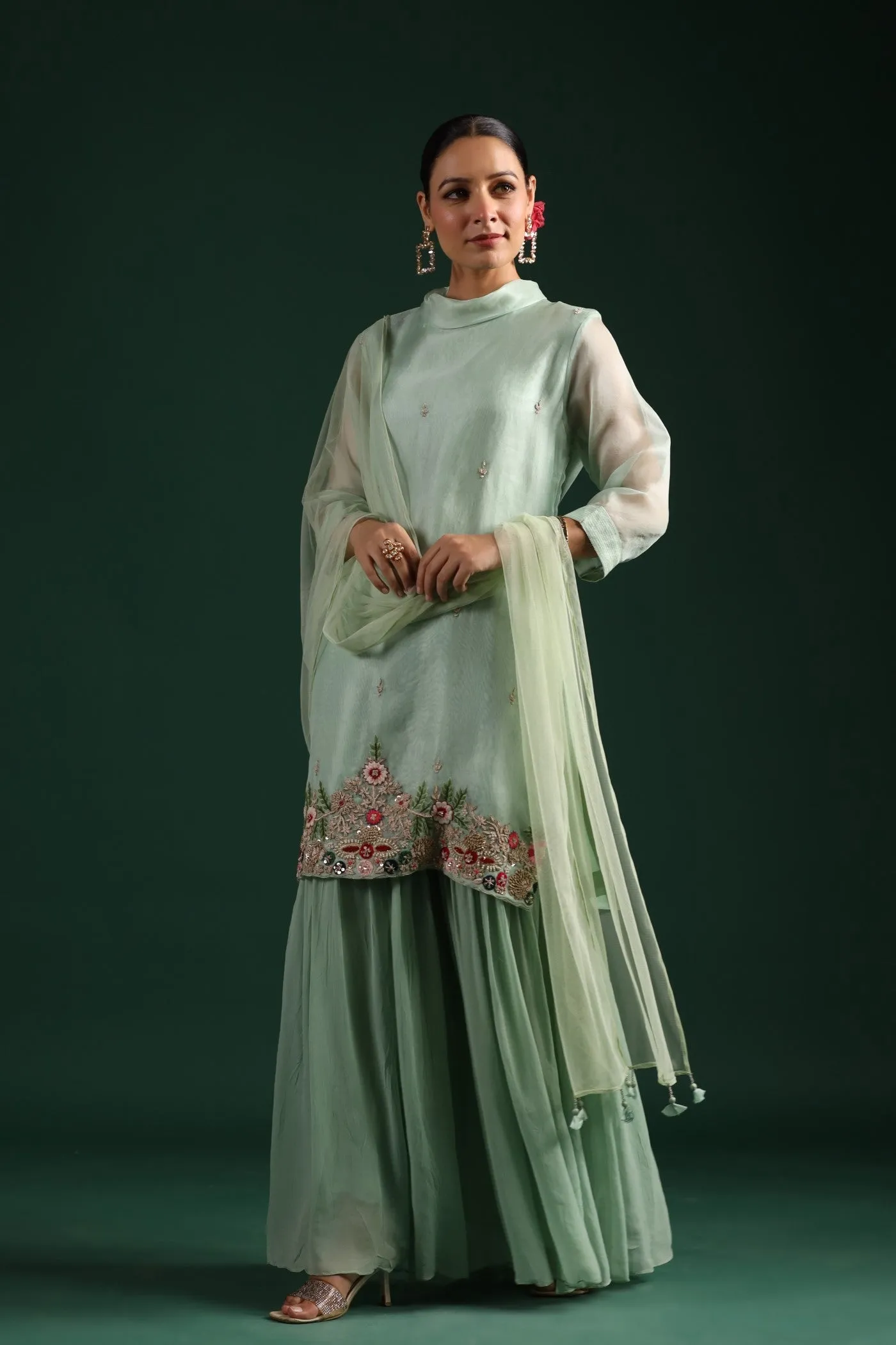 Mint Green Embroidered Sharara Set