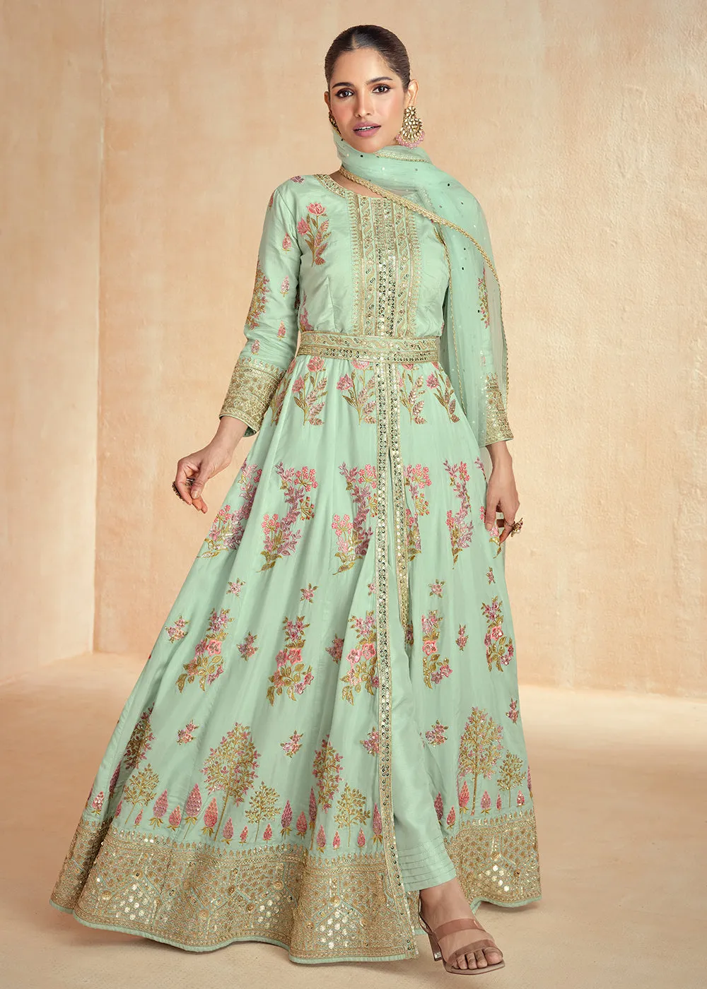 Mint Green Embroidered Slit Style Festive Anarkali Suit