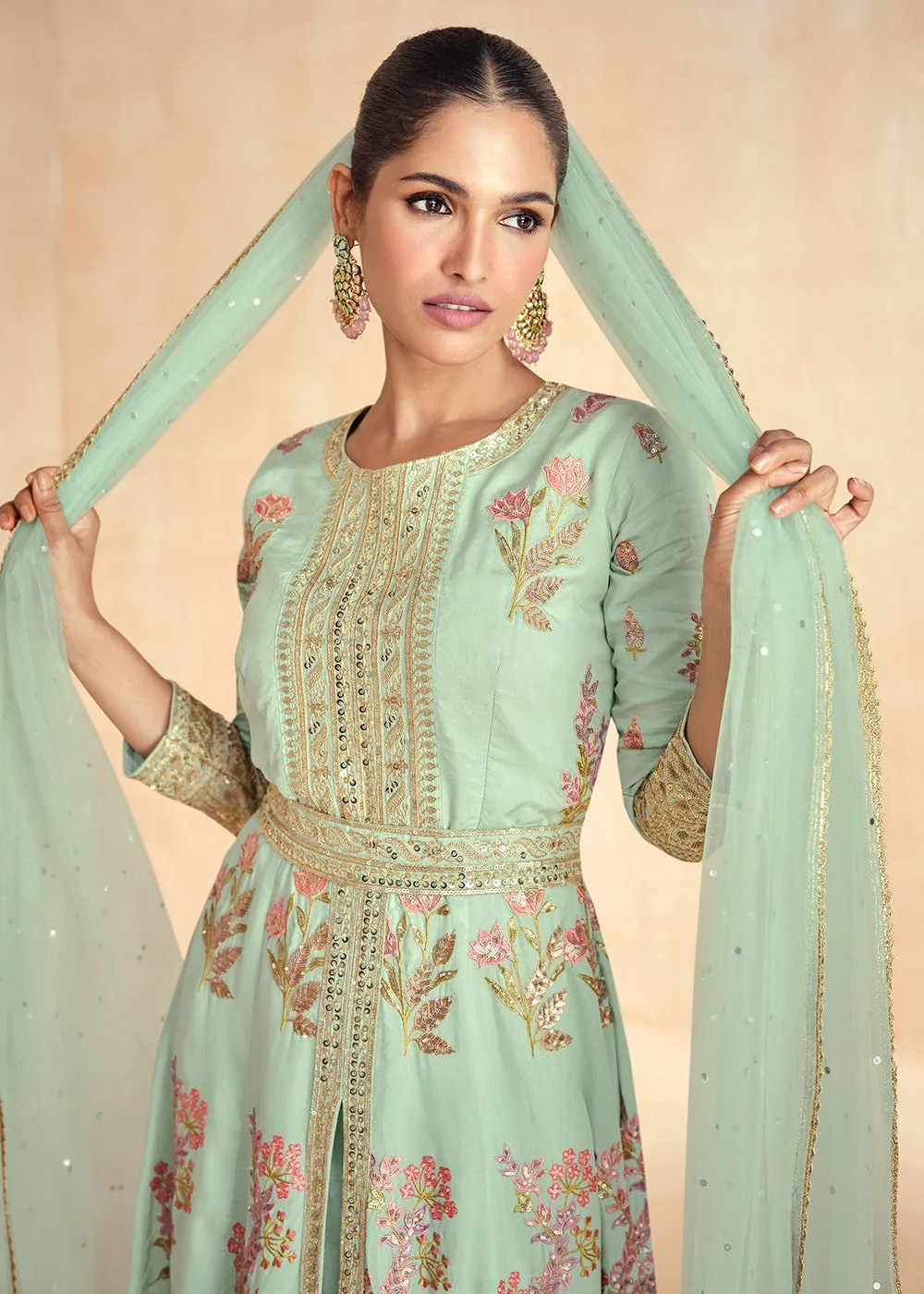 Mint Green Embroidered Slit Style Festive Anarkali Suit