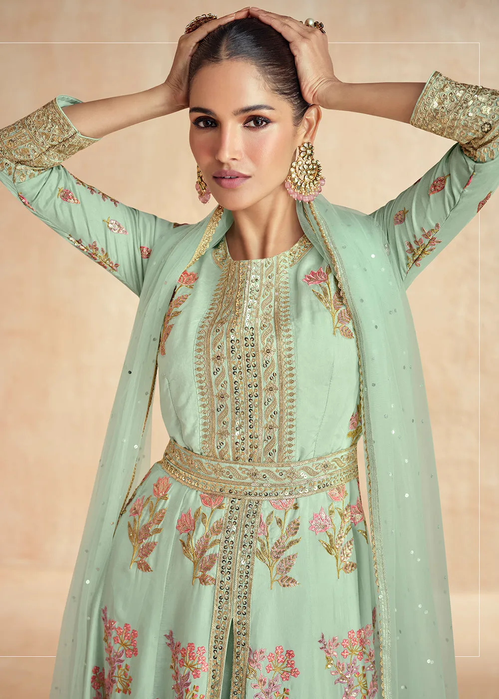 Mint Green Embroidered Slit Style Festive Anarkali Suit