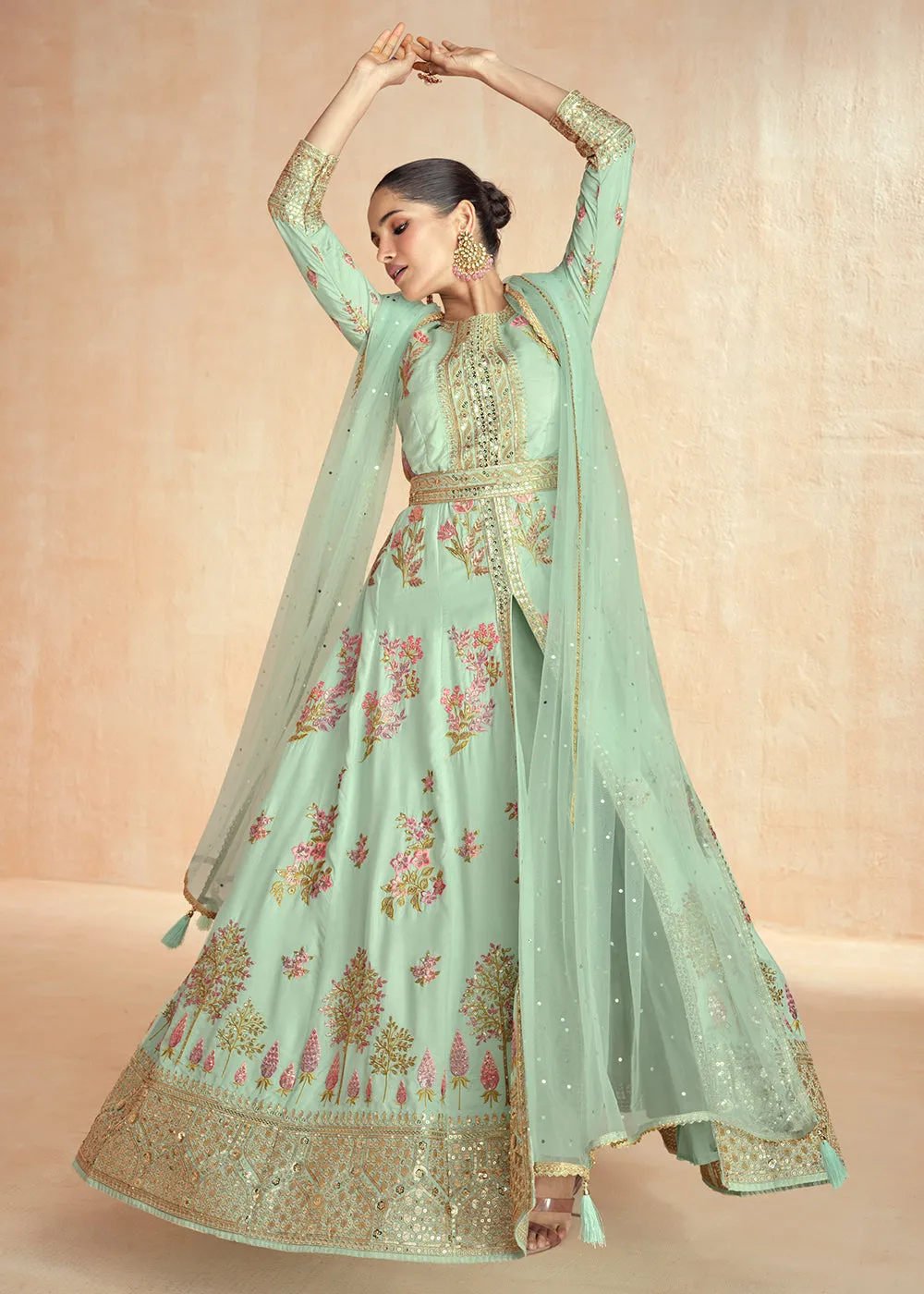 Mint Green Embroidered Slit Style Festive Anarkali Suit