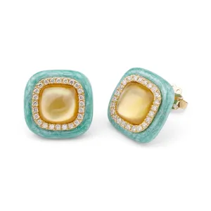 Mint green enamel and light citrin 18k yellow gold and diamond earrings