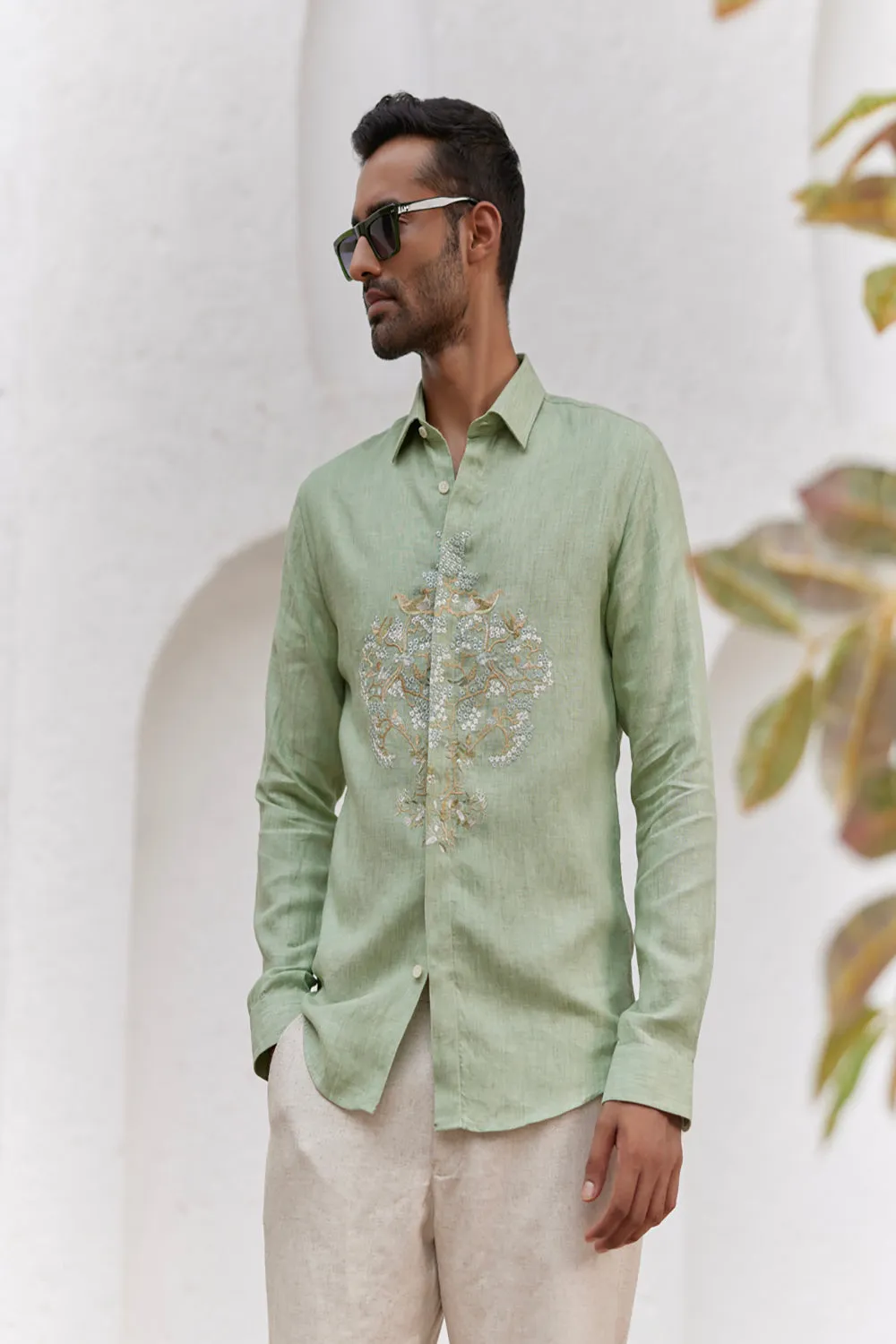 Mint Green Flora Embroidered Shirt