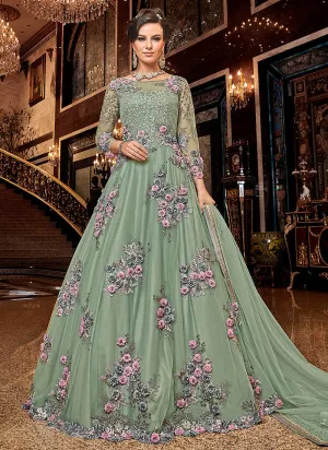 Mint Green Floral Embroidered Wedding Anarkali Suit