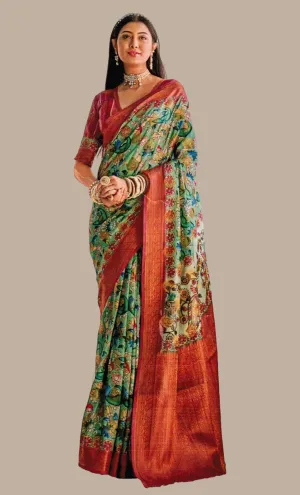 Mint Green Floral Printed Art Silk Sari