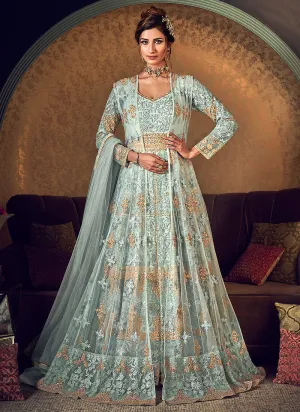 Mint Green Golden Embroidered Jacket Style Anarkali Gown