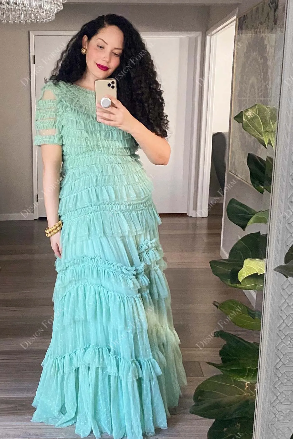 Mint Green Illusion Short Sleeves Tiered Made to Measure A-line Prom Dress