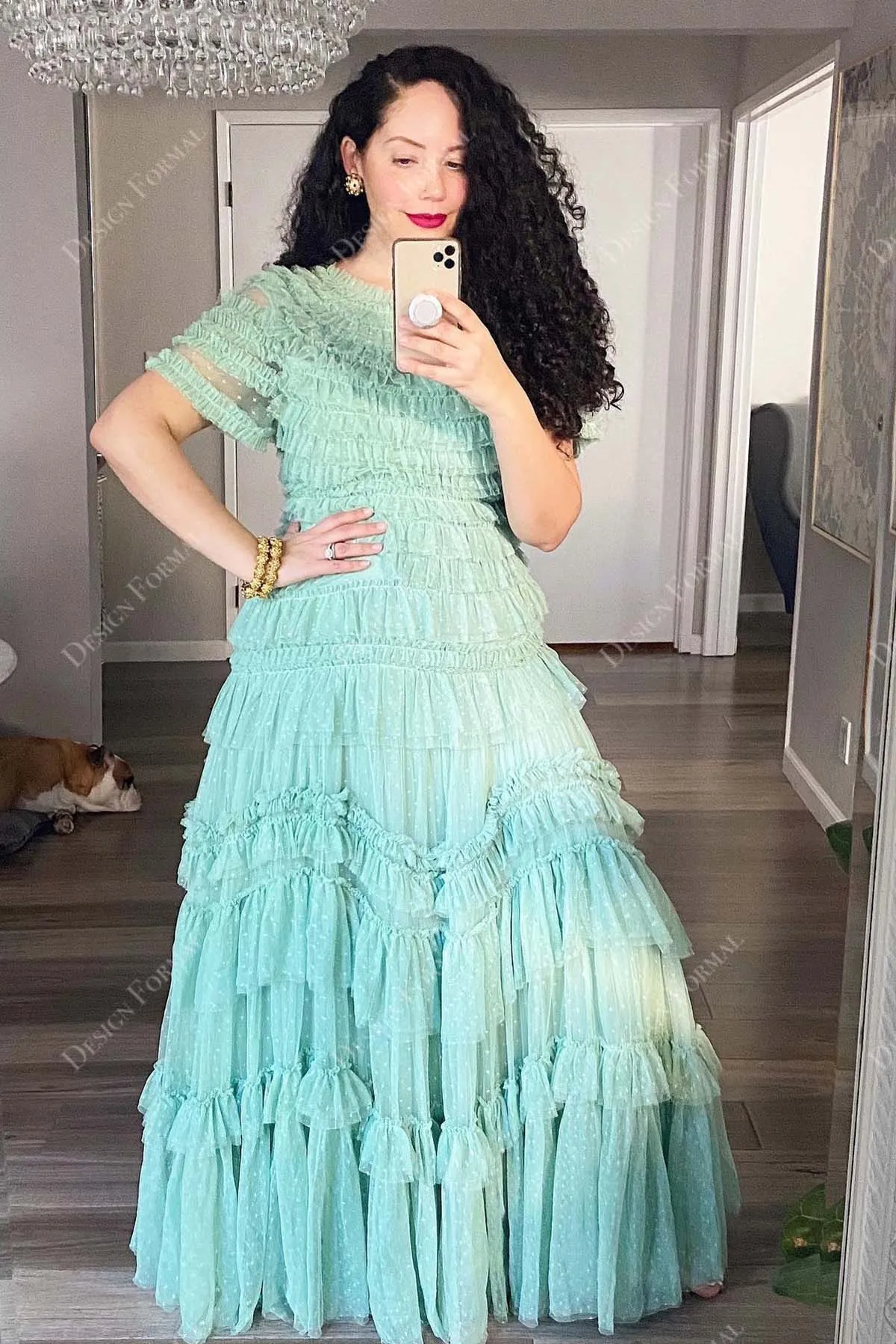 Mint Green Illusion Short Sleeves Tiered Made to Measure A-line Prom Dress