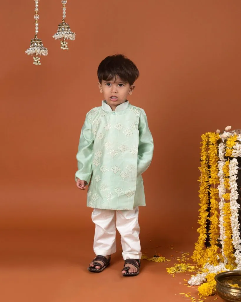 Mint green kurta with sequin embroidered mock  jacket and pyjama