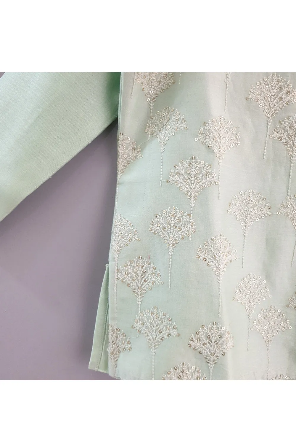 Mint green kurta with sequin embroidered mock  jacket and pyjama