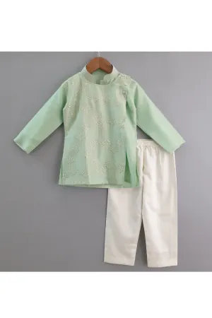 Mint green kurta with sequin embroidered mock  jacket and pyjama