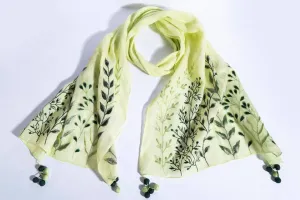 Mint Green Linen Scarf With Embroidered Leaves And Corner Tassels