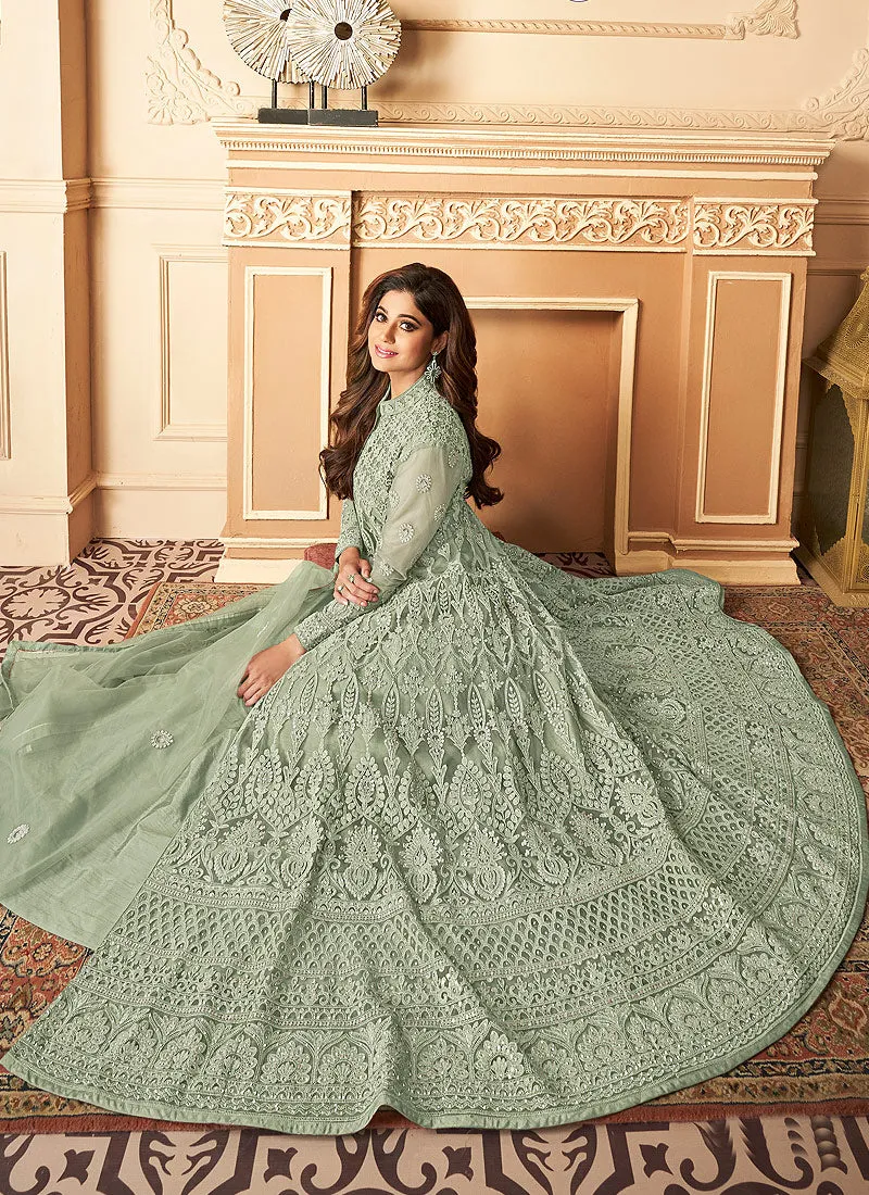 Mint Green Lucknowi Embroidered Anarkali Lehenga