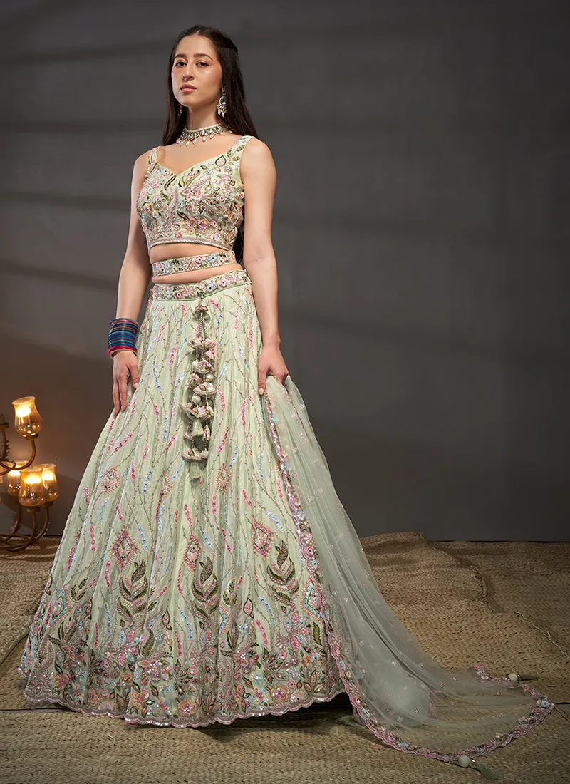 Mint Green Multi Embroidered Bridal Lehenga Choli