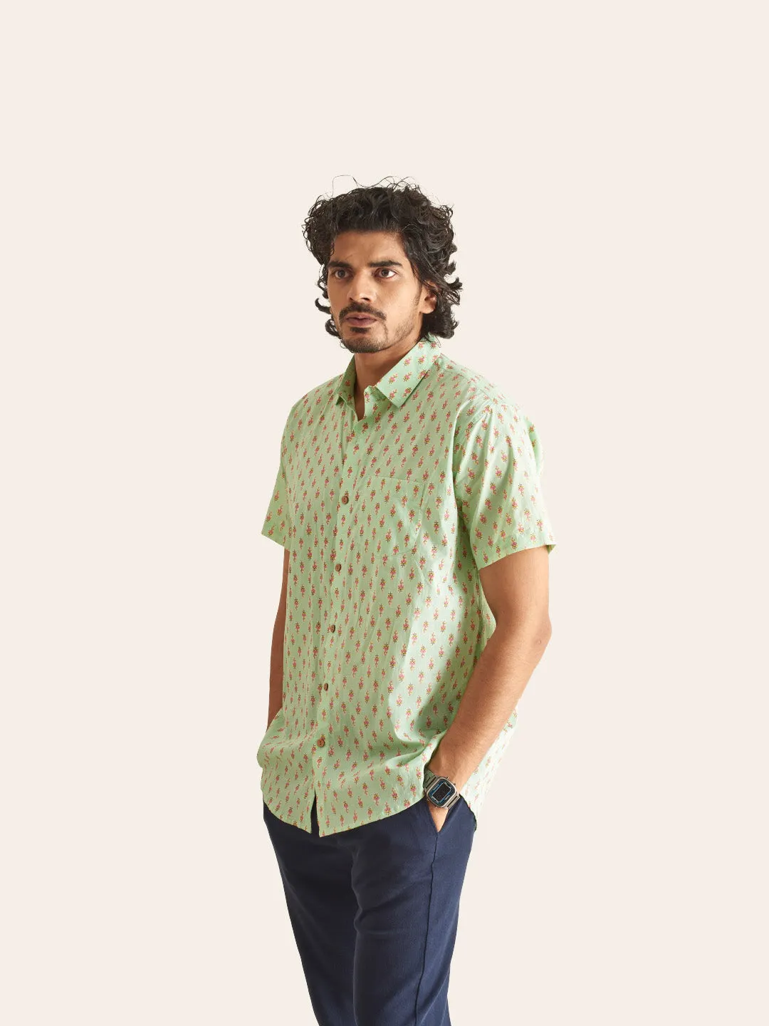 Mint Green Printed Cotton Shirt