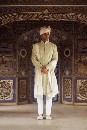 MINT GREEN RAW SILK SHERWANI WITH IVORY KURTA AND TROUSER