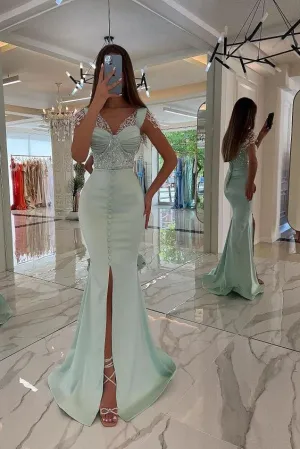 Mint Green Satin Mermaid Prom Dress Front Split Sweetheart Sequins Long Evening Party Dress #SEK192