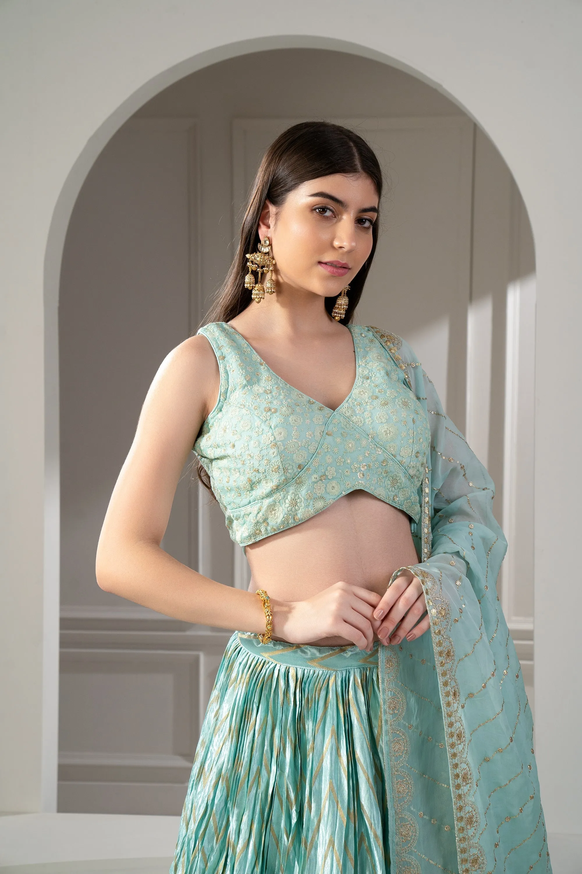 Mint Green Semi Silk Printed Sequinned Embroidered Lehenga Set