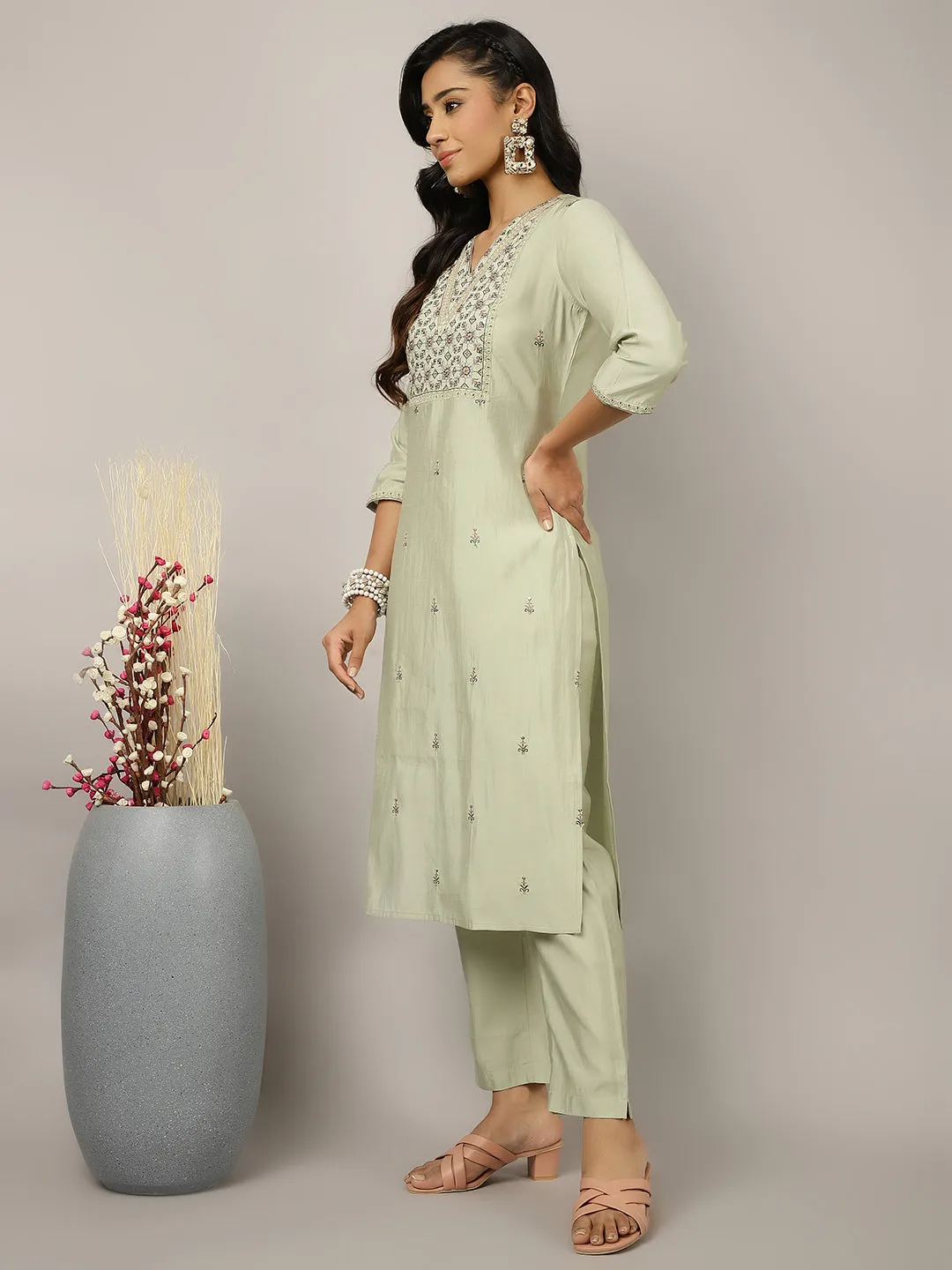 Mint Green Silk Blend Embroidered Suit Set