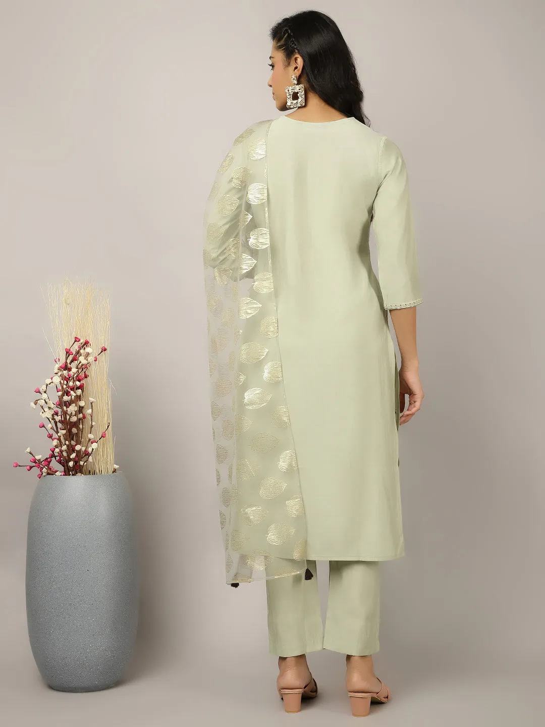 Mint Green Silk Blend Embroidered Suit Set