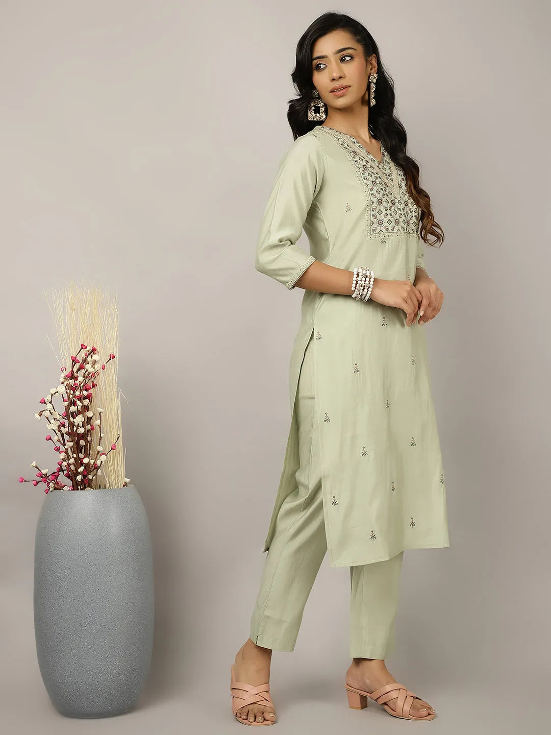 Mint Green Silk Blend Embroidered Suit Set