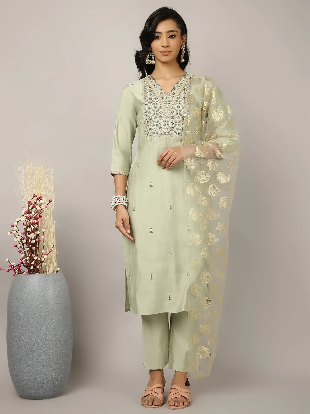 Mint Green Silk Blend Embroidered Suit Set